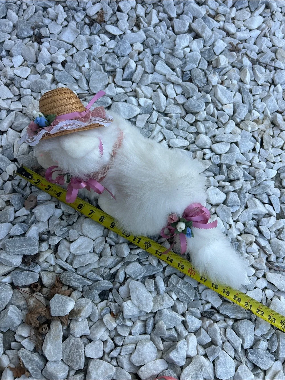 White Plush Cat Toy with Pink Ribbon and Floral Hat